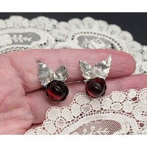 Sterling Silver and Amber Colored Glass Cabochon Screw Back Earrings